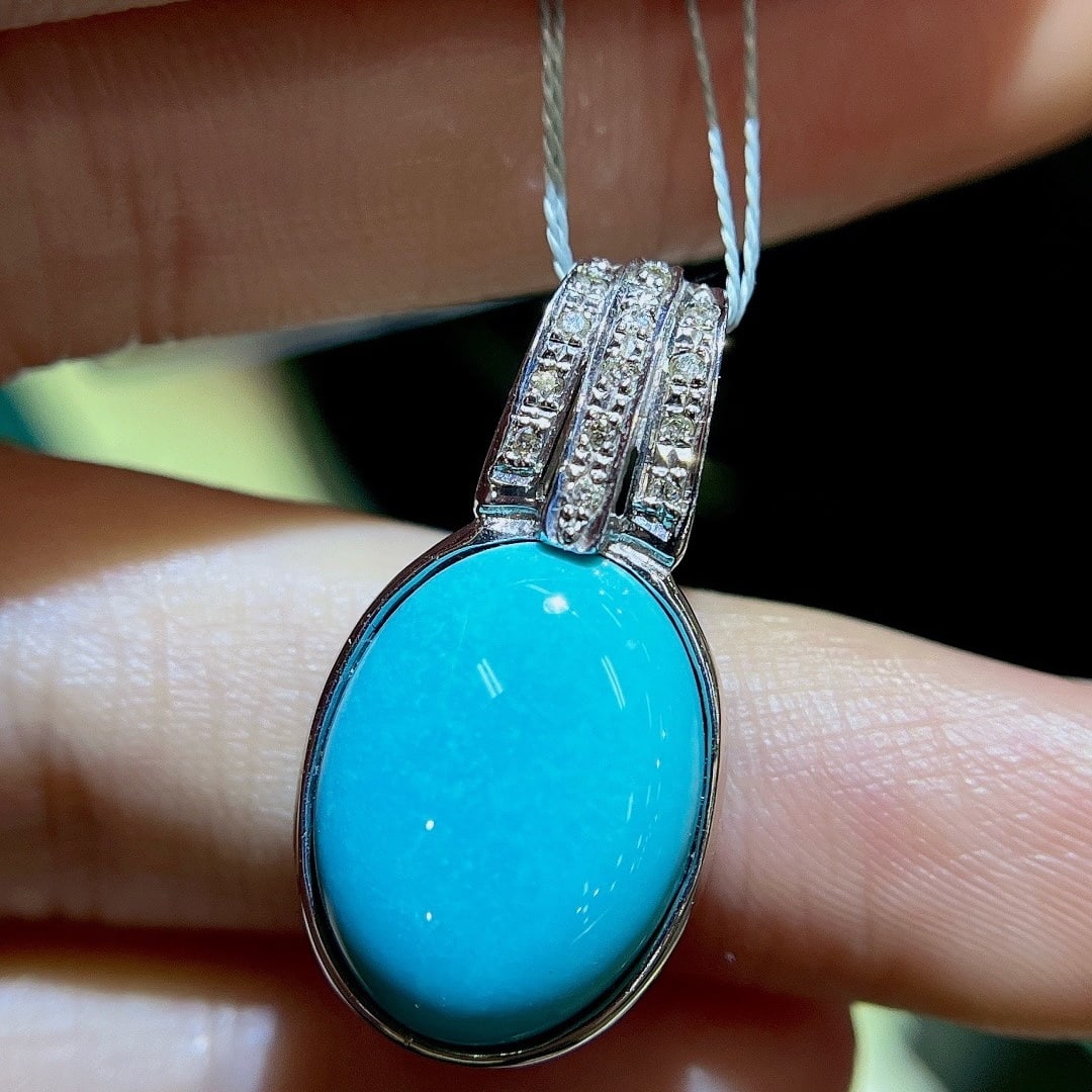 14k Gold 7.92 Ctw Natural Blue Turquoise & Diamond Pendant( Without Chain ) - 3