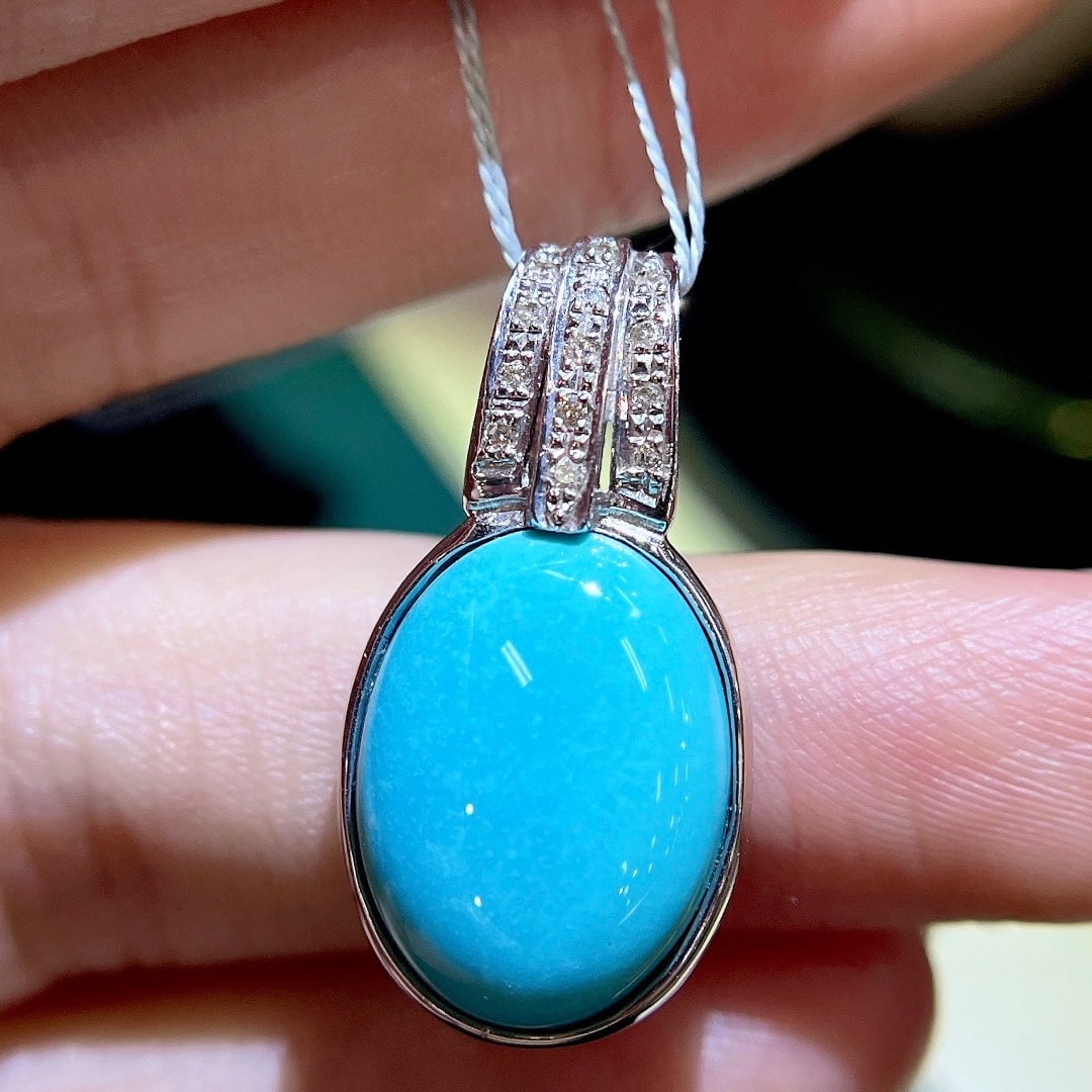14k Gold 7.92 Ctw Natural Blue Turquoise & Diamond Pendant( Without Chain ) - 4