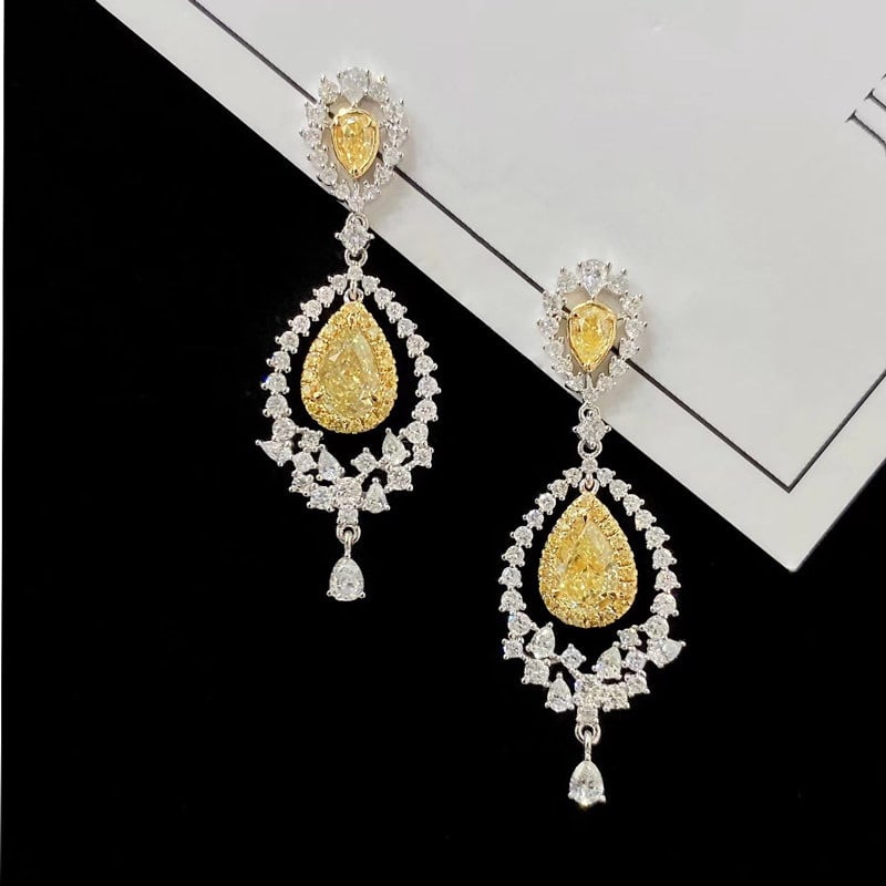 14k Gold 2.63 Ctw Natural Yellow Diamond & Diamond Earrings: Ref:231162362 // gold content:14k gold // main gemstone:yellow diamond // shape:pear // carat weight:1. 27ct // color:yellow // treatment:natural // // adjacent gemstone 2 : diamond // shape:multiple 