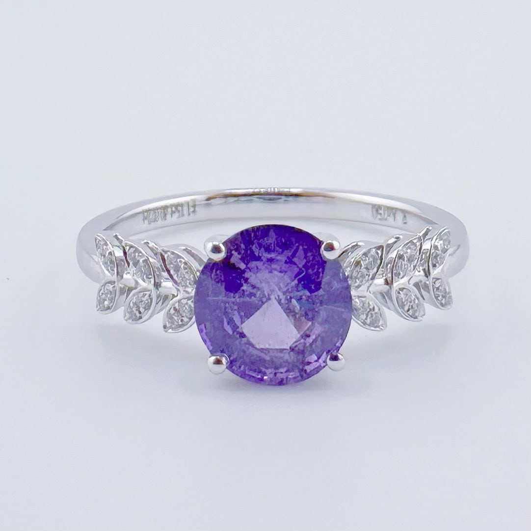 14k Gold 1.22 Ctw Natural Sapphire & Diamond Ring: Ref:231162416 // gold content:14k gold // ring size:7. 25us // // main gemstone:sapphire // shape:round // carat weight:1. 15ct // color:purple // treatment:natural // cut grade:g // // adjacent