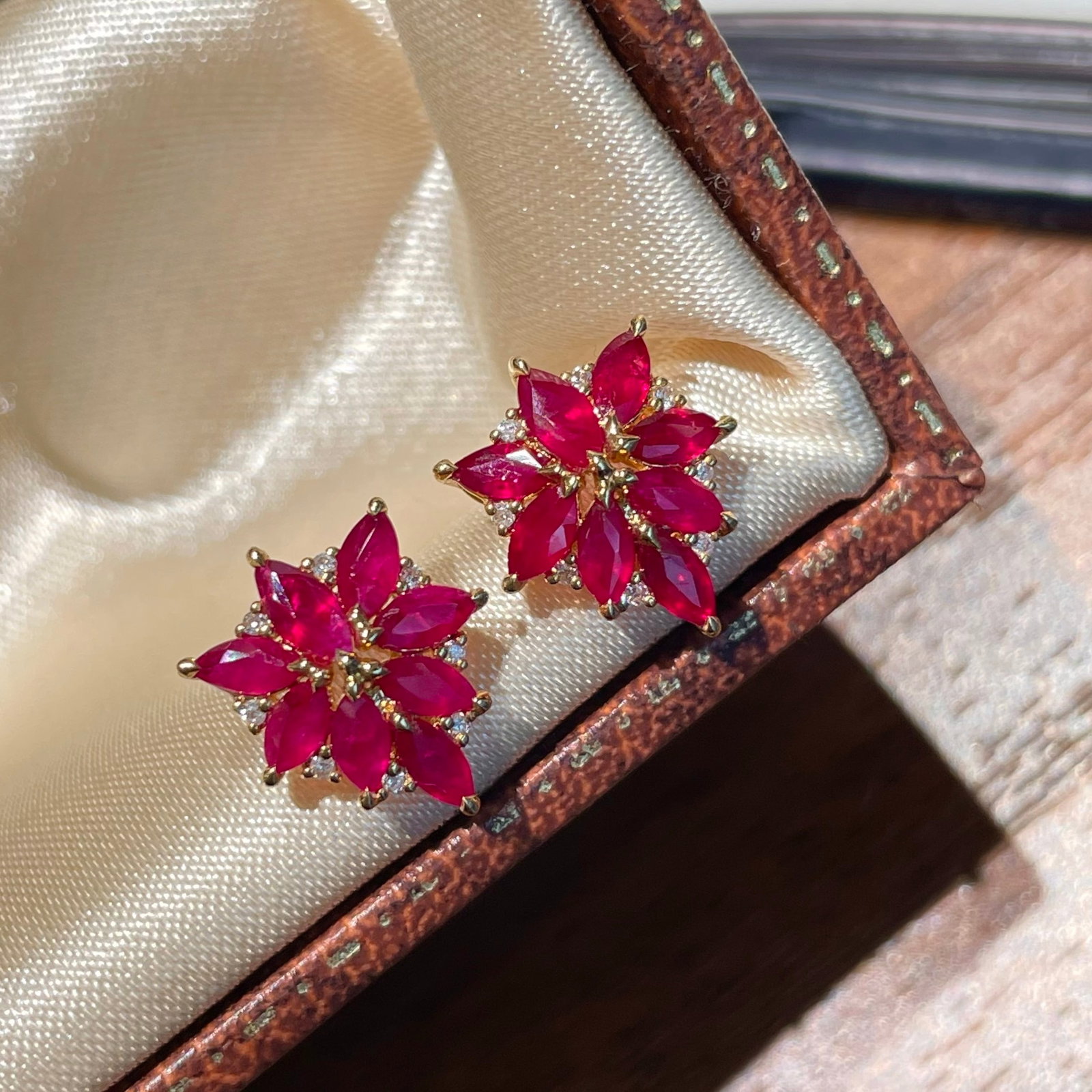 14k Gold 1.5 Ct Natural Ruby & Diamond Earrings - 4