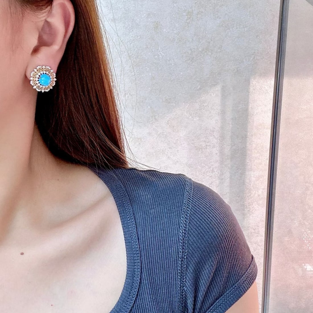 14k Gold 4.27 Ctw Natural Blue Turquoise & Diamond Earrings - 2