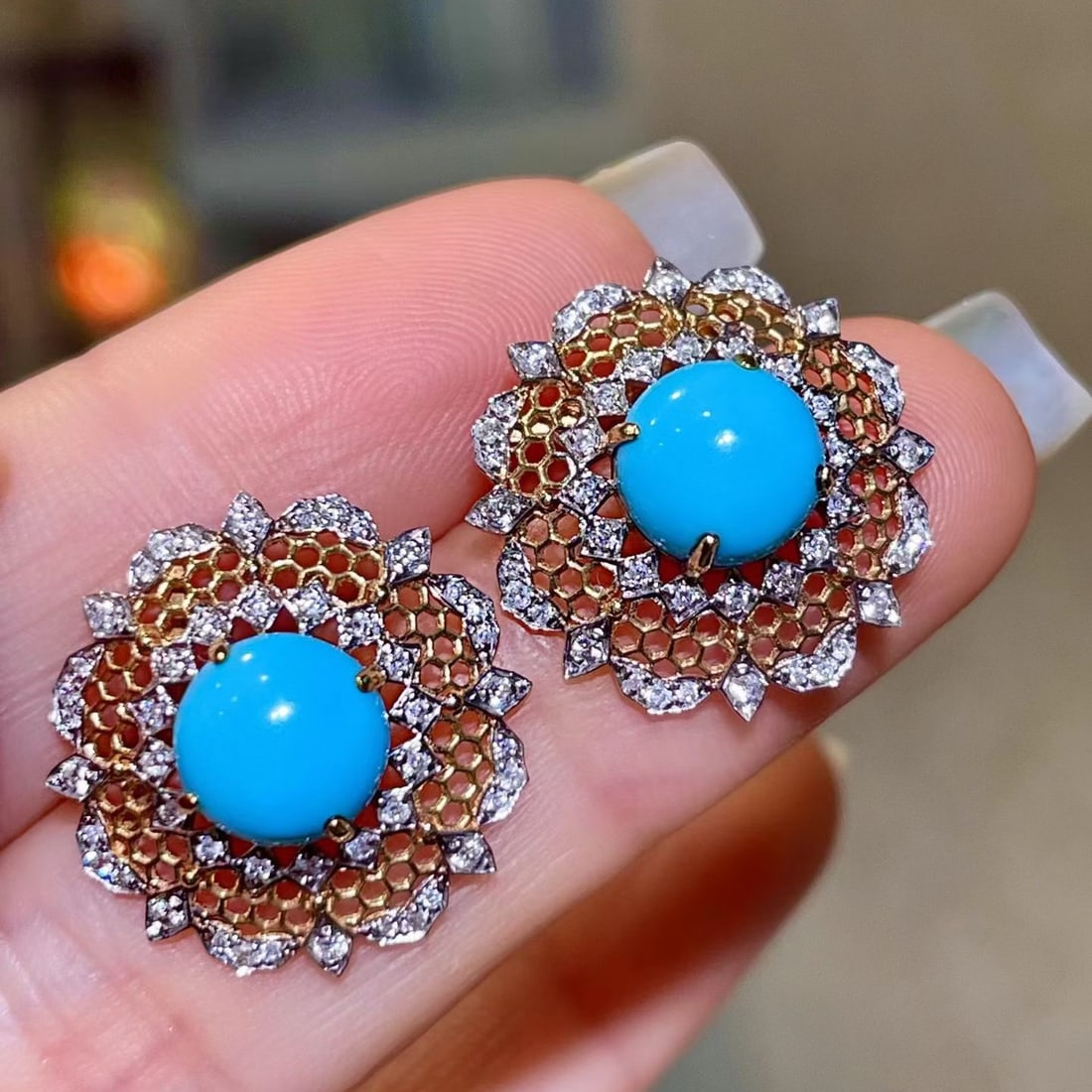 14k Gold 4.27 Ctw Natural Blue Turquoise & Diamond Earrings - 3