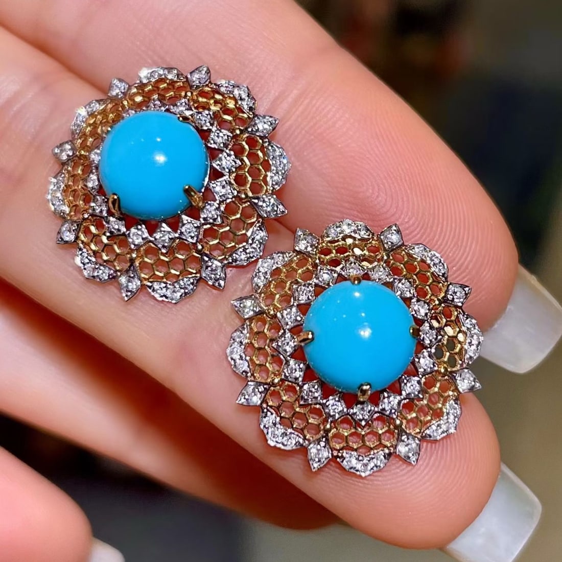 14k Gold 4.27 Ctw Natural Blue Turquoise & Diamond Earrings - 4
