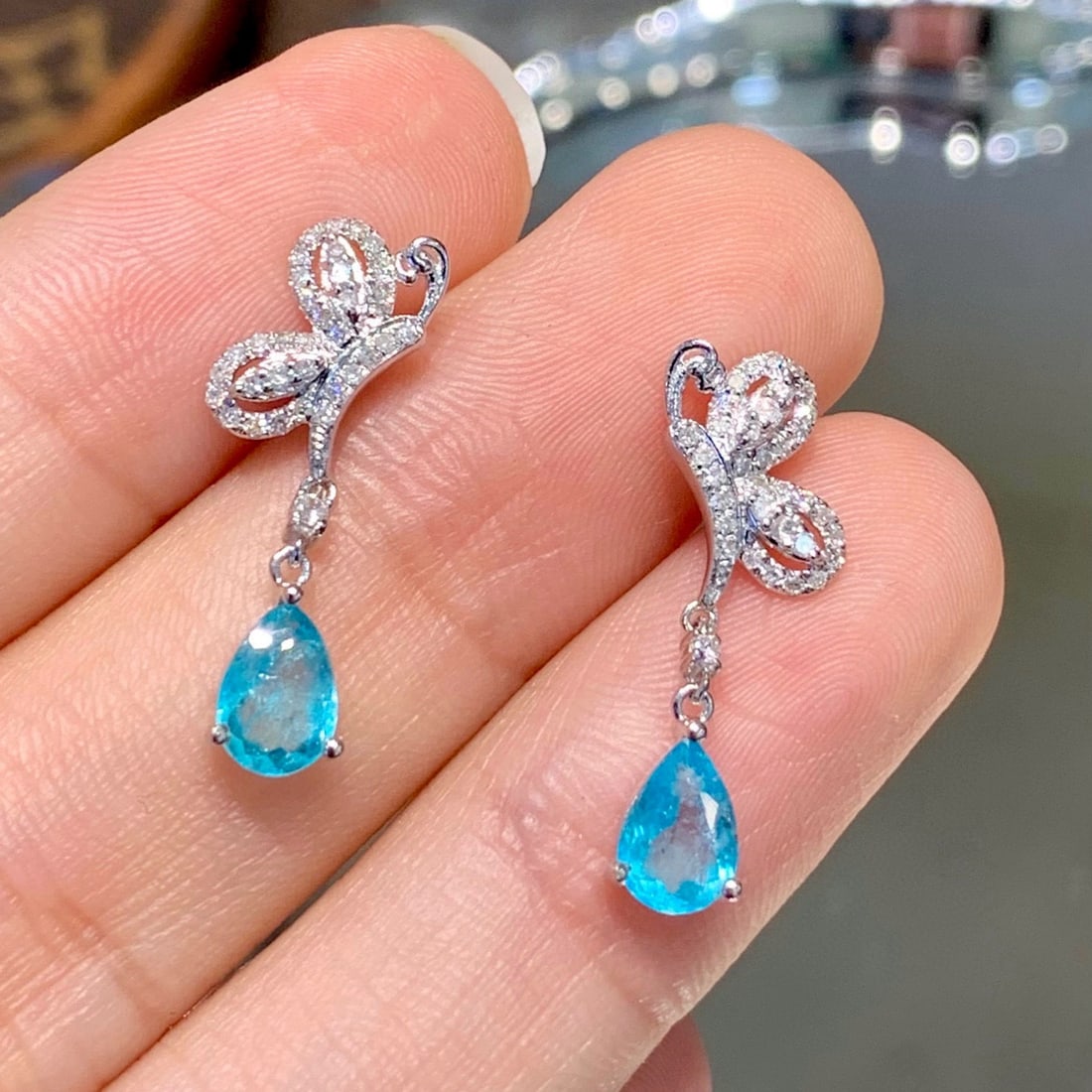 14k Gold 1.5 Ct Natural Paraiba Tourmaline & Diamond Earrings - 2