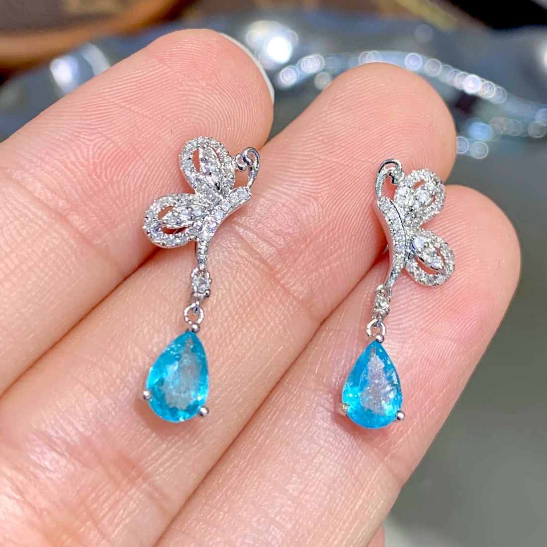 14k Gold 1.5 Ct Natural Paraiba Tourmaline & Diamond Earrings - 3