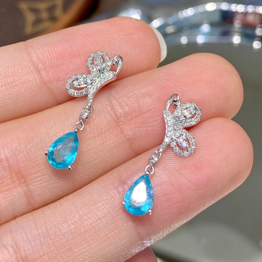 14k Gold 1.5 Ct Natural Paraiba Tourmaline & Diamond Earrings - 4