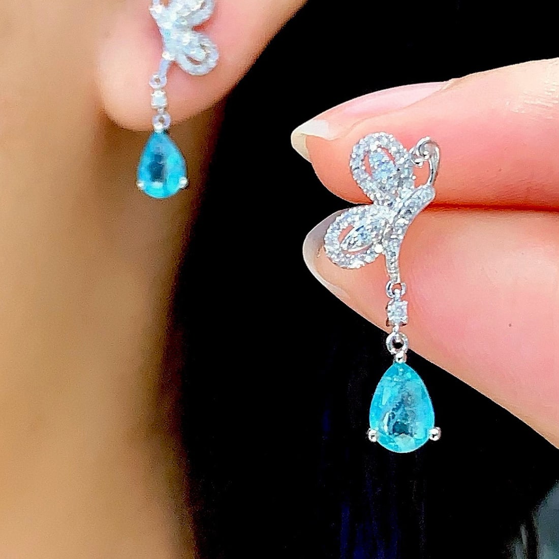 14k Gold 1.5 Ct Natural Paraiba Tourmaline & Diamond Earrings - 5