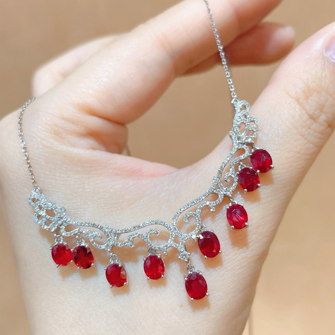 14k Gold 5.07 Ctw Natural Ruby & Diamond Necklace - 4