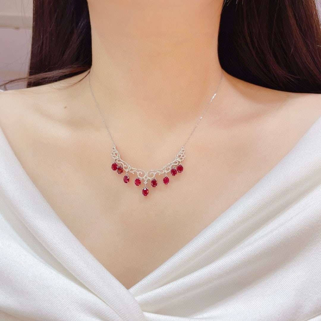 14k Gold 5.07 Ctw Natural Ruby & Diamond Necklace - 7
