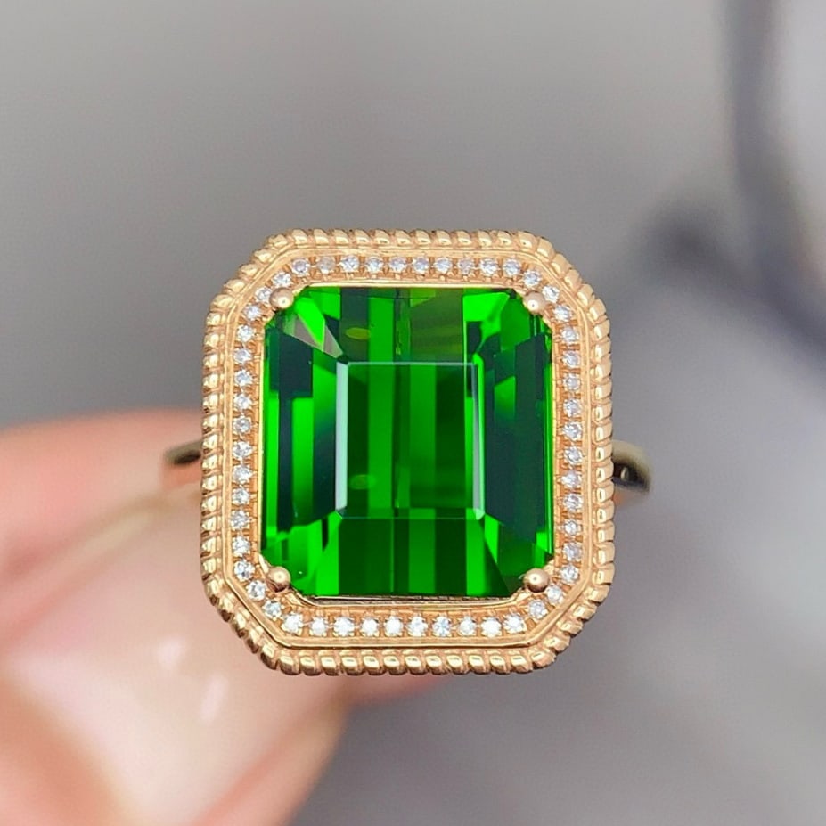 14k Gold 7.5 Ct Natural Tourmaline & Diamond Ring: Ref:231163017 // gold content:14k gold // ring size:7. 25us // // main gemstone:tourmaline // shape:octagonal // carat weight:7. 5ct // color:green // treatment:natural // // adjacent gemstone 2 :