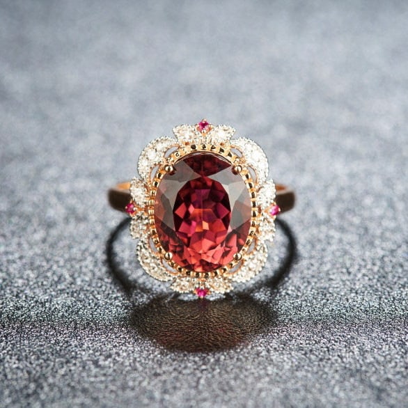 14k Gold 3.93 Ct Natural Tourmaline & Diamond & Ruby Ring: Ref:231163020 // gold content:14k gold // ring size:7. 25us // // main gemstone:tourmaline // shape:oval // carat weight:3. 93ct // color:purplish red // treatment:natural // // adjacent gemstone 2 : 