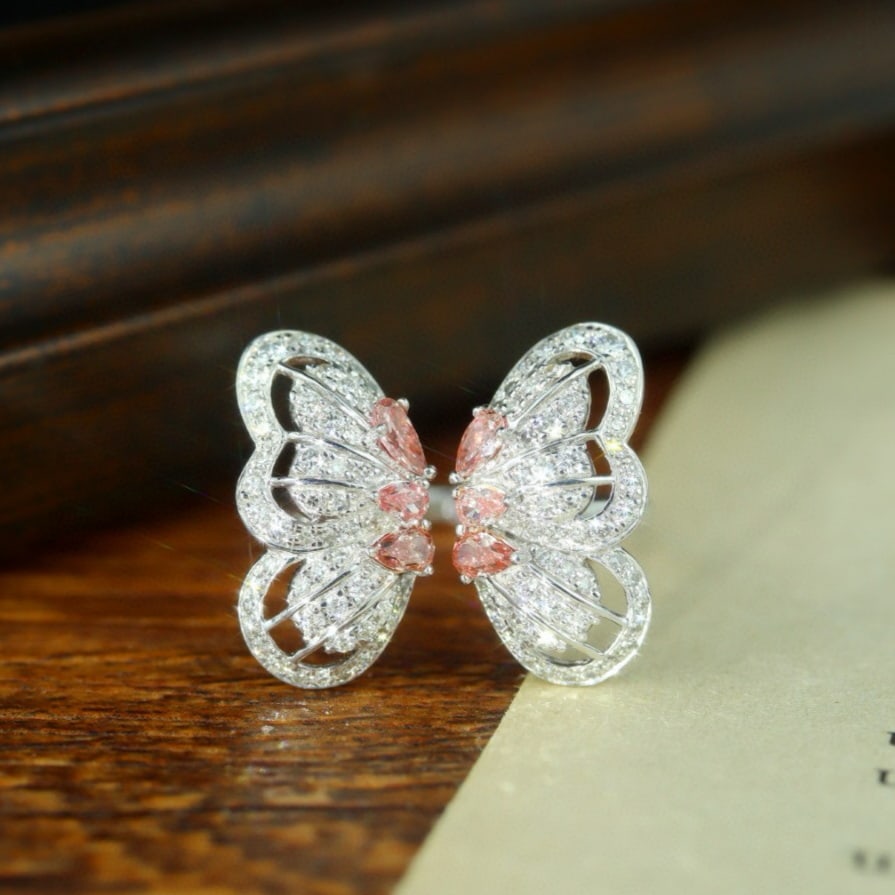 14k Gold 0.83 Ctw Natural Pink Diamond & Diamond & Butterfly Ring: Ref:231163045 // gold content:14k gold // ring size:7. 25us // // main gemstone:pink diamond // number of stones:6 // shape:pear // carat weight:0. 35ct // color:pink // treatment:natural // //