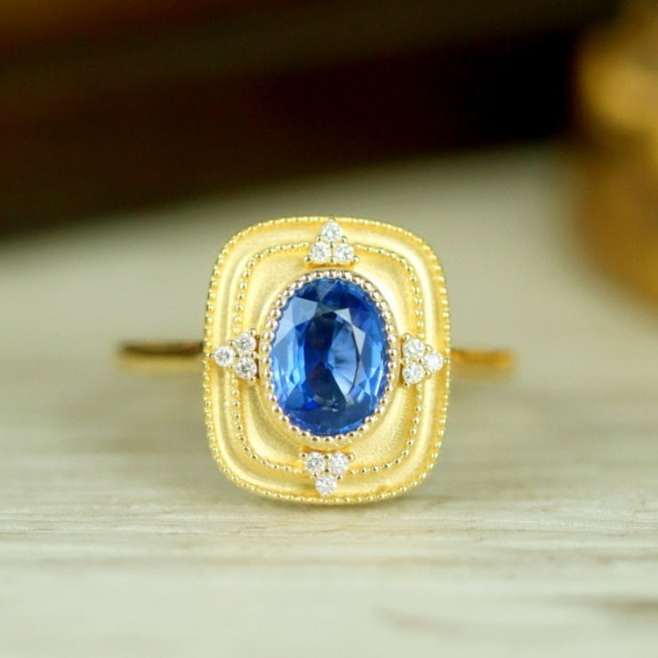14k Gold 1.26 Ctw Natural Sapphire & Diamond Ring: Ref:231163077 // gold content:14k gold // ring size:7. 25us // // main gemstone:sapphire // shape:oval // carat weight:1. 21ct // color:blue // treatment:natural // // adjacent gemstone 2 : diamond