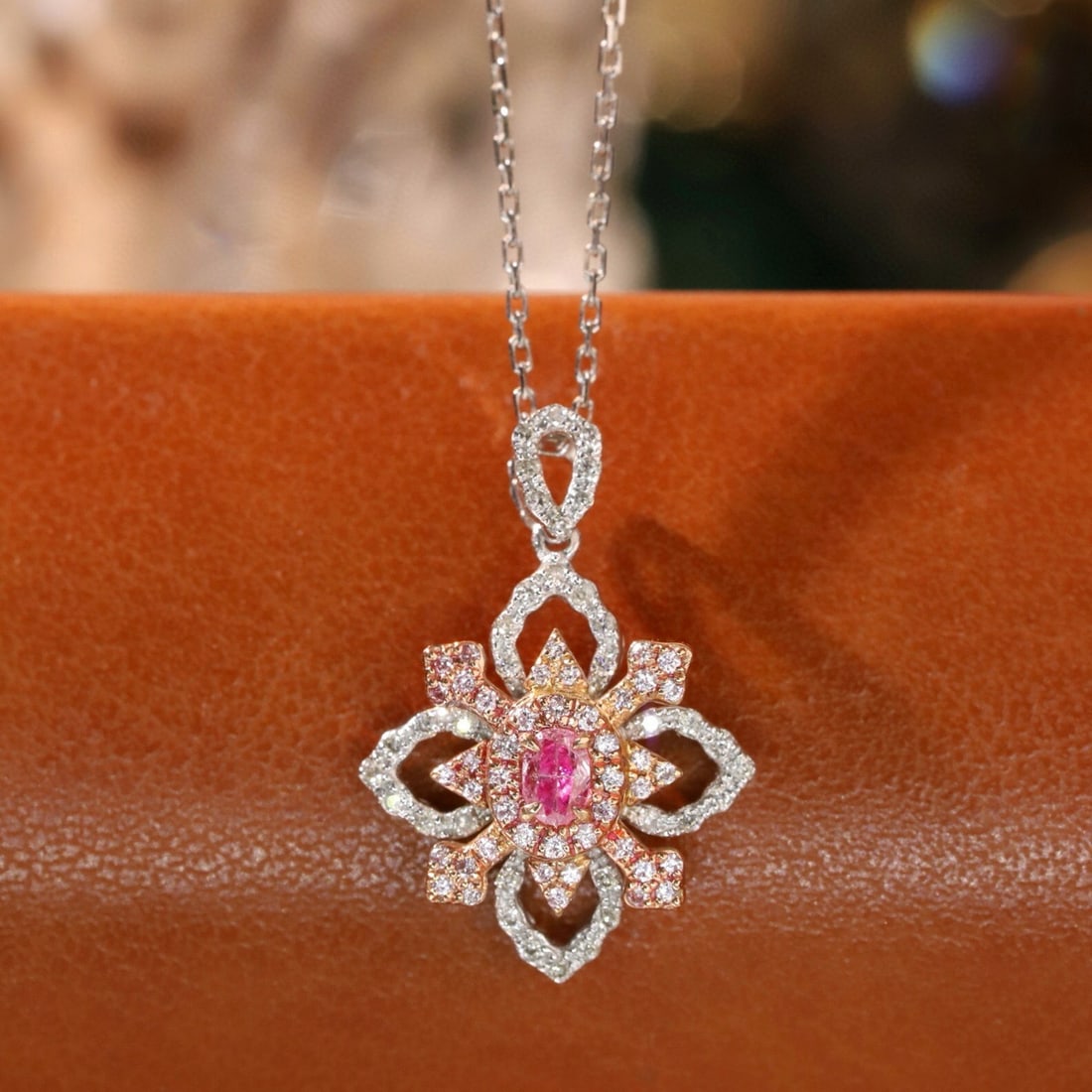 14k Gold 0.40 Ctw Natural Pink Diamond & Diamond Necklace: Ref:231163096 // gold content:14k gold // main gemstone:pink diamond // shape:oval // carat weight:0. 12ct // color:pink // treatment:natural // // adjacent gemstone 2 : diamond // shape:round //
