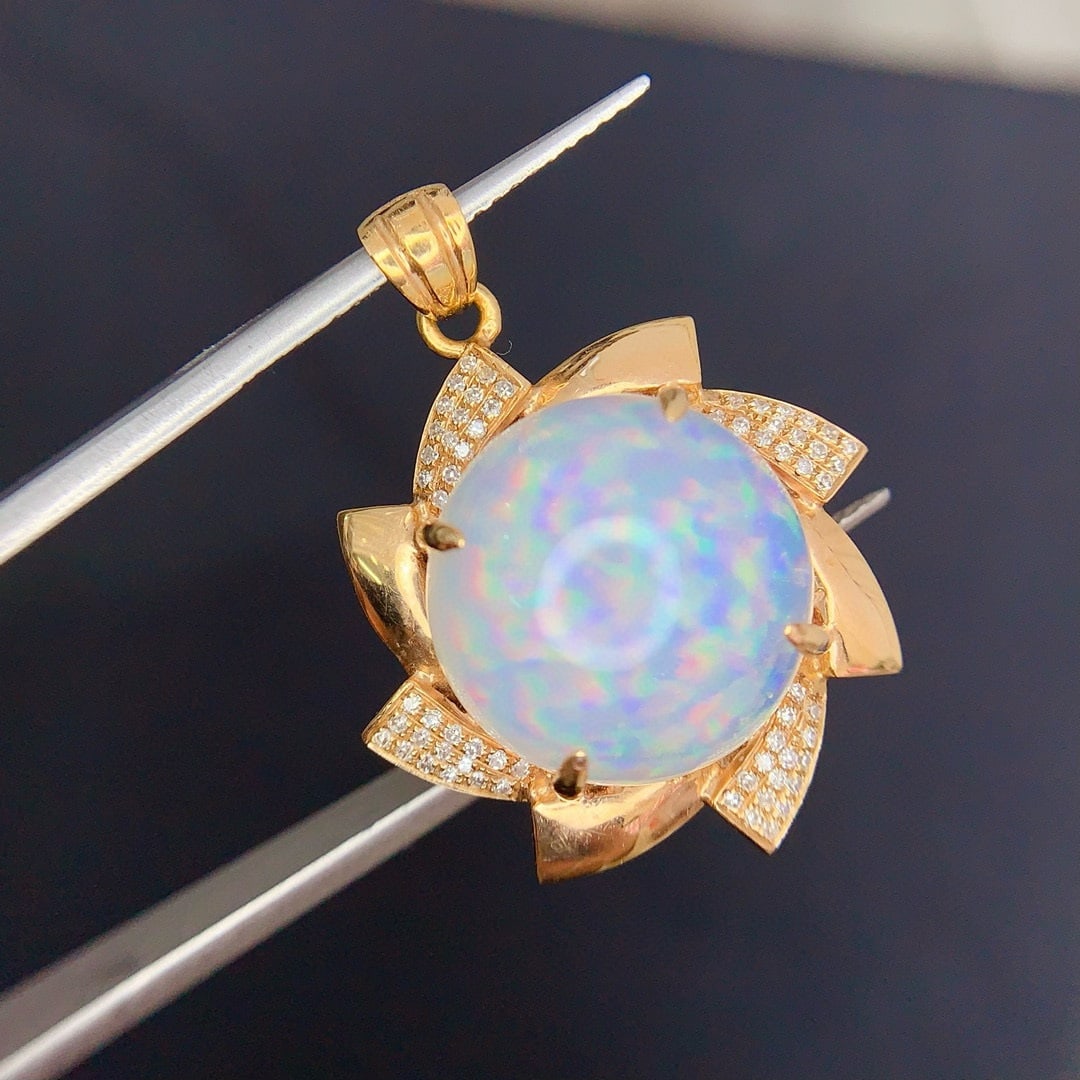 14k Gold 9.8 Ct Natural Opal & Diamond Pendant( Without Chain ) - 2