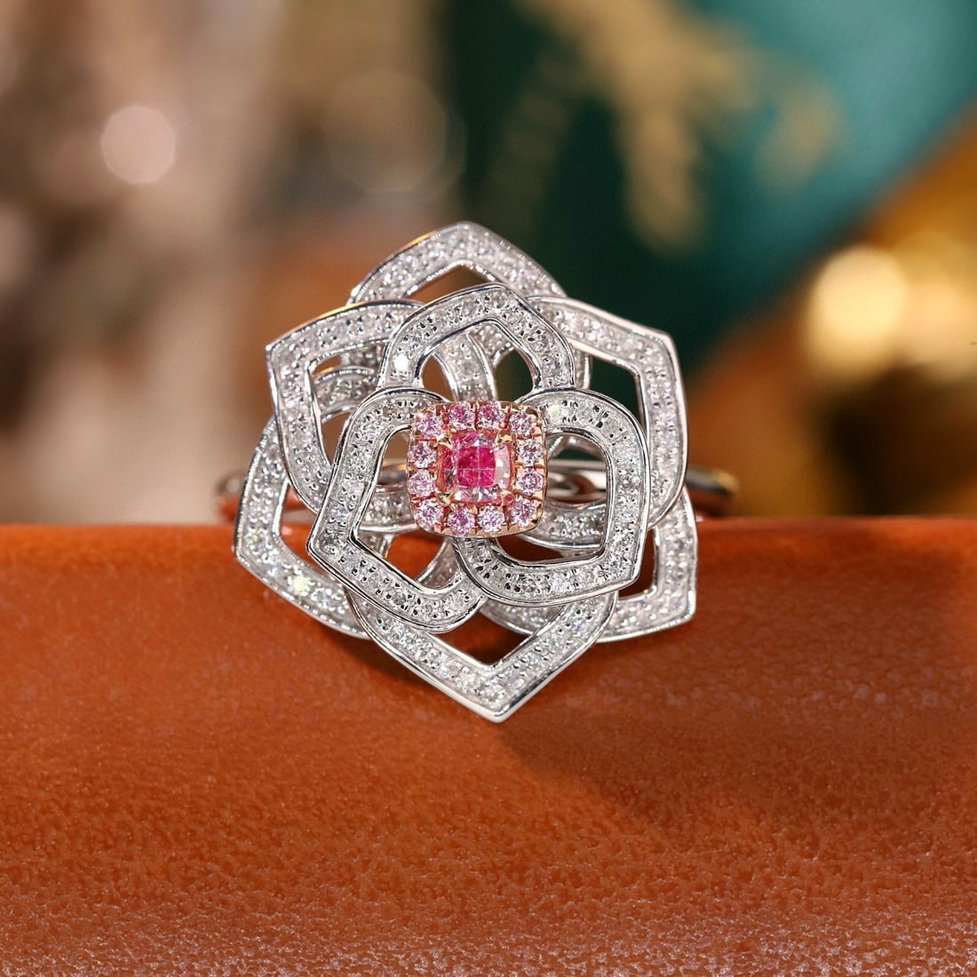 14k Gold 0.65 Ctw Natural Pink Diamond & Diamond Ring: Ref:231163141 // gold content:14k gold // ring size:7. 25us // // main gemstone:pink diamond // shape:cushion // carat weight:0. 12ct // color:pink // treatment:natural // // adjacent gemstone 2 :