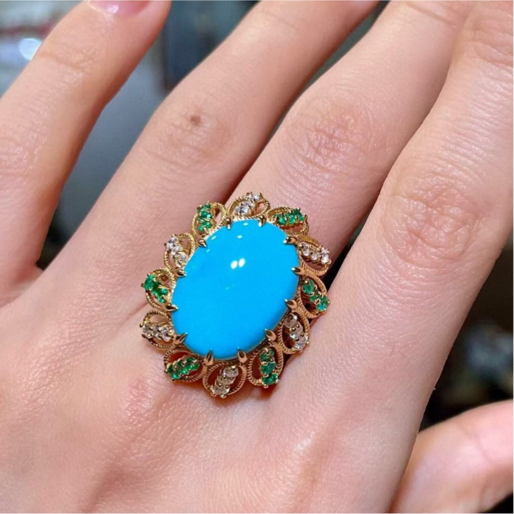14k Gold 9.28 Ctw Natural Blue Turquoise & Emerald Ring - 4