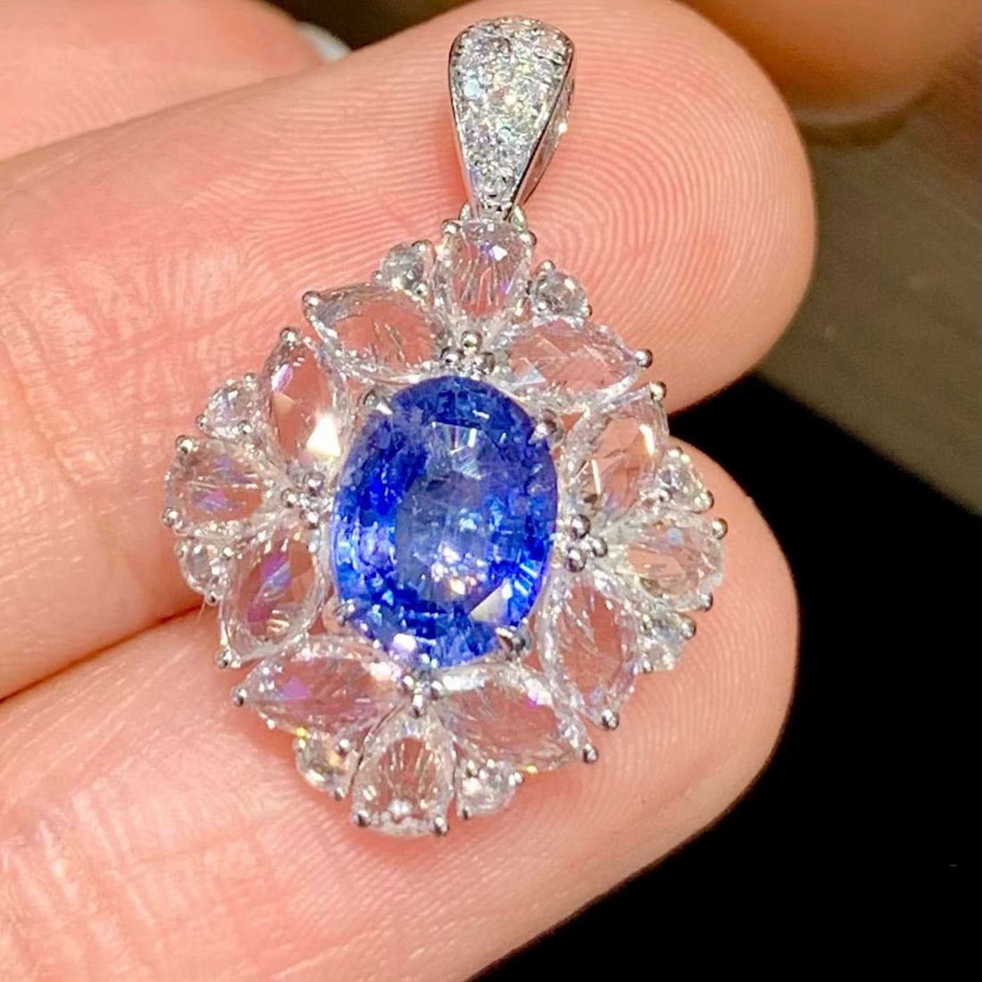 14k Gold 1.45 Ct Natural Sapphire & Sapphire & Diamond Pendant( Without Chain ) - 2