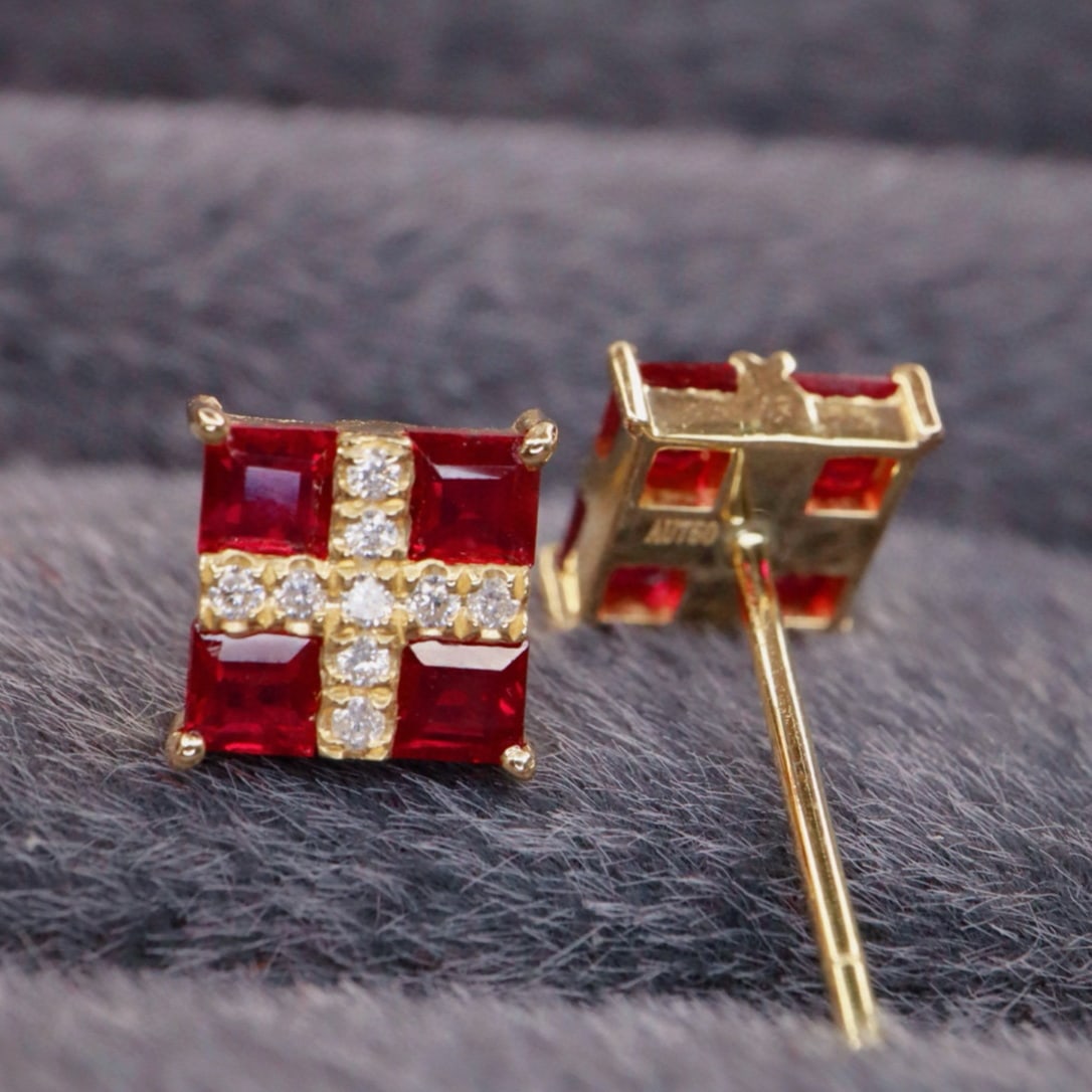 14k Gold 1.08 Ctw Natural Ruby & Diamond Earrings: Ref:231163193 // gold content:14k gold // main gemstone:ruby // number of stones:8 // shape:square // carat weight:0. 99ct // color:red // treatment:natural // // adjacent gemstone 2 : diamond //