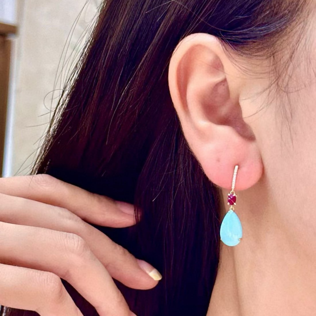 14k Gold 5.41 Ctw Natural Blue Turquoise & Ruby Earrings - 4
