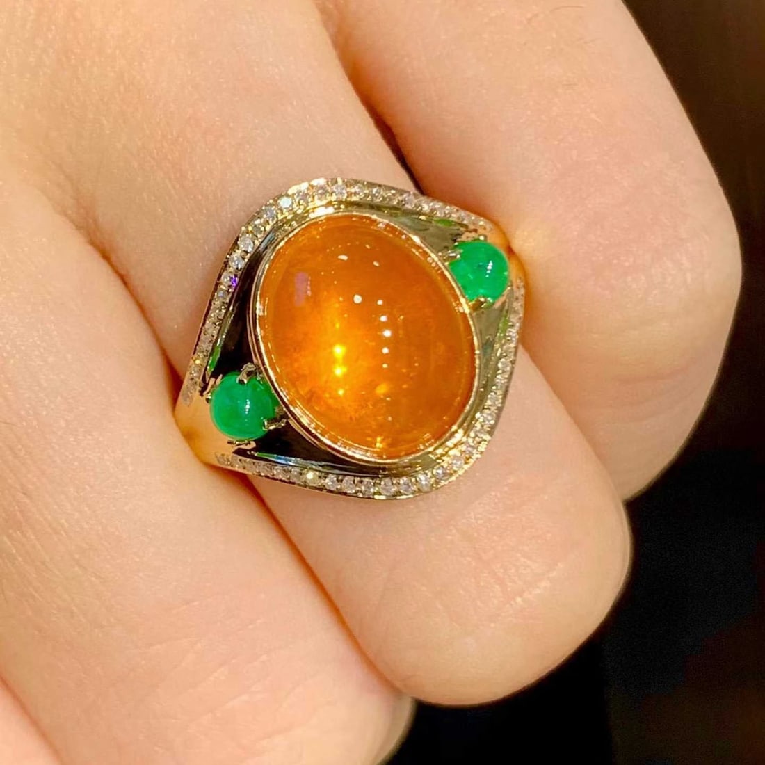 14k Gold 8.2 Ct Natural Spessartine & Emerald & Diamond Ring - 5