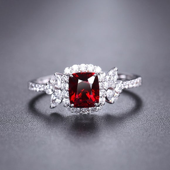 14k Gold 1.51 Ctw Natural Spinel & Diamond Ring: Ref:231163214 // gold content:14k gold // ring size:7. 25us // // main gemstone:spinel // shape:cushion // carat weight:1. 08ct // color:red // treatment:natural // // adjacent gemstone 2 : diamond
