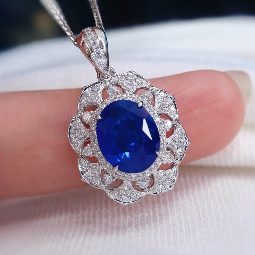 14k Gold 3.19 Ctw Natural Sapphire & Diamond Pendant( Without Chain ) - 2