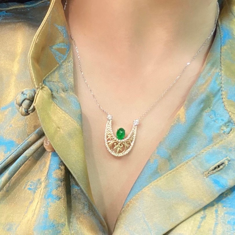 14k Gold 1.66 Ctw Vivid Green Natural Emerald & Diamond Necklace - 7