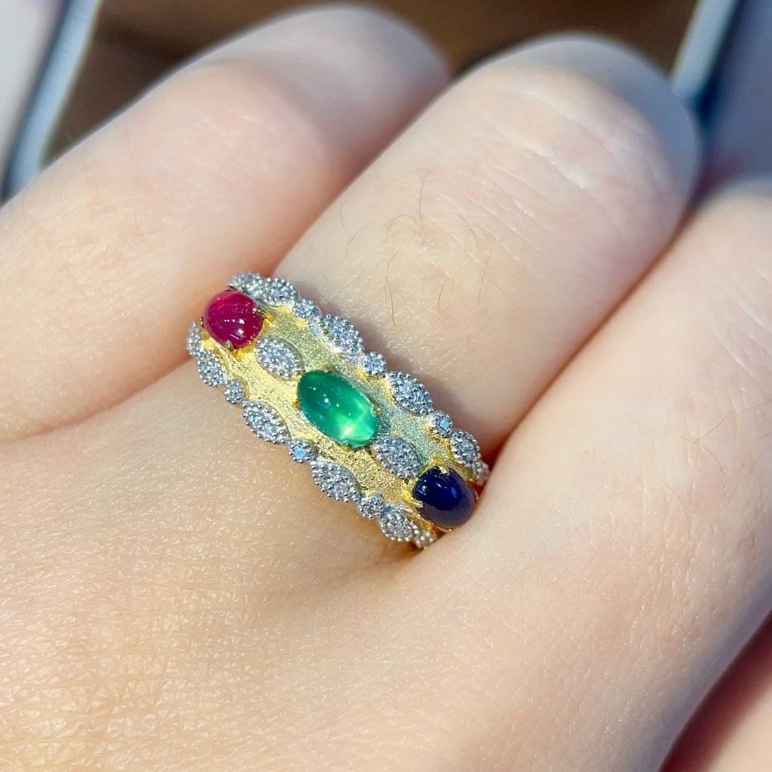 14k Gold 1.4 Ctw Natural Ruby & Sapphire & Emerald & Diamond Ring - 6