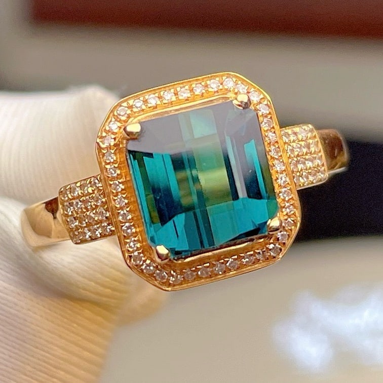 14k Gold 3.23 Ct Natural Tourmaline & Diamond Ring: Ref:231164090 // gold content:14k gold // ring size:7. 25us // // main gemstone:tourmaline // shape:octagonal // carat weight:3. 23ct // color:blue // treatment:natural // // adjacent gemstone 2 :