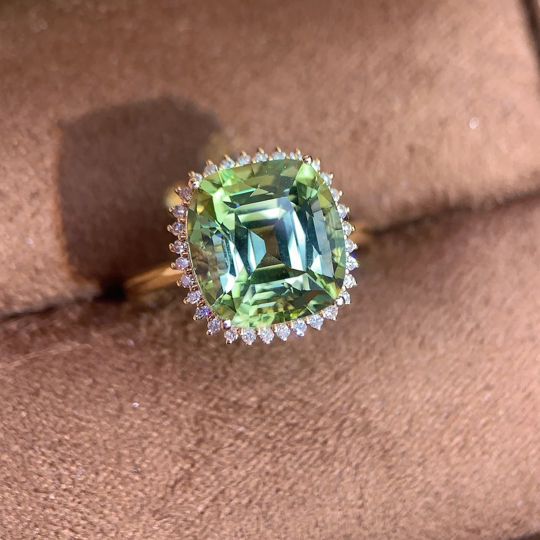 14k Gold 6.91 Ctw Natural Tourmaline & Diamond Ring: Ref:231164097 // gold content:14k gold // ring size:7. 25us // // main gemstone:tourmaline // shape:cushion // carat weight:6. 75ct // color:green // treatment:natural // // adjacent gemstone 2 :