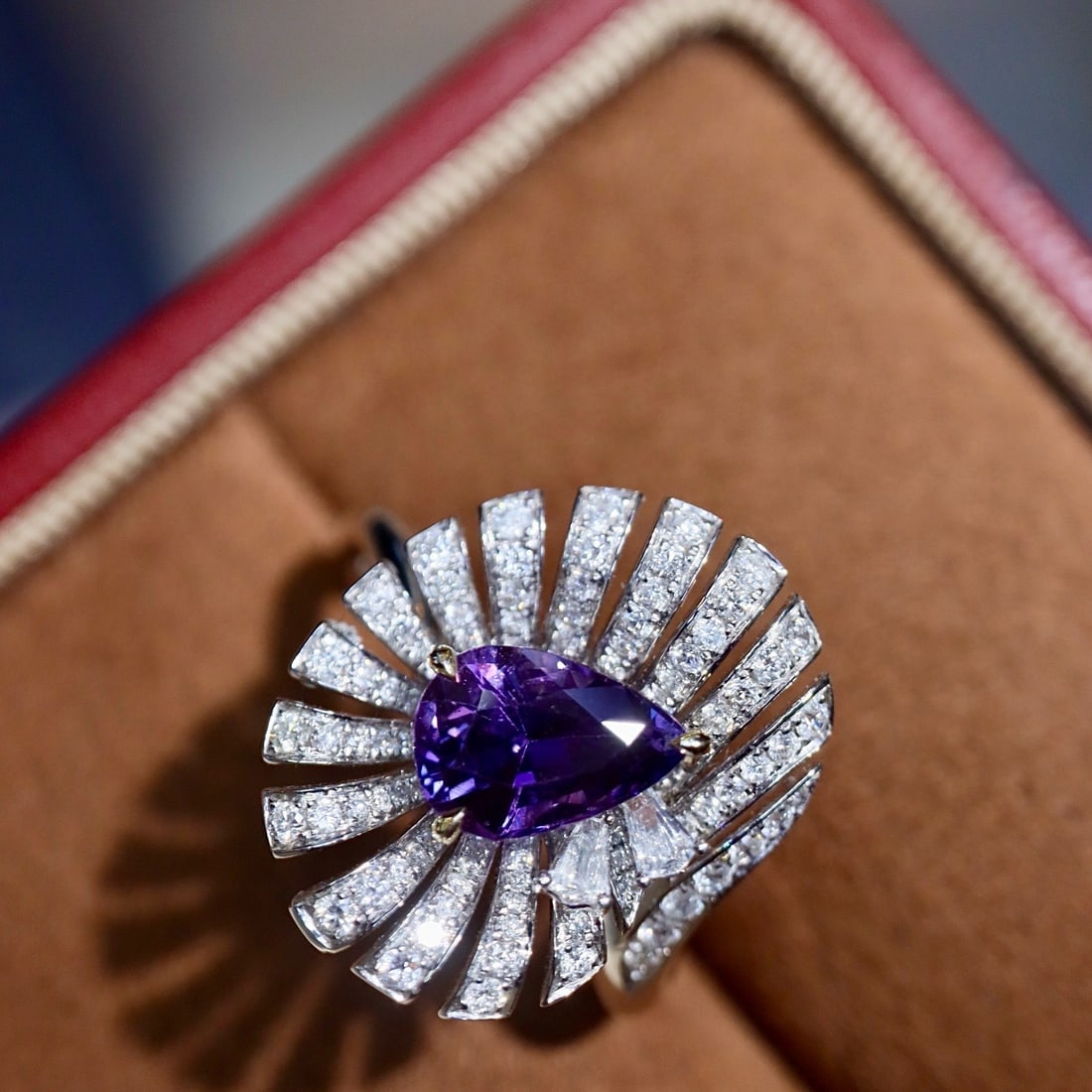 14k Gold 2.11 Ctw Natural Sapphire & Diamond Ring: Ref:231164114 // gold content:14k gold // ring size:7. 25us // // main gemstone:sapphire // shape:pear // carat weight:1. 57ct // color:purple // treatment:natural // // adjacent gemstone 2 : diamond