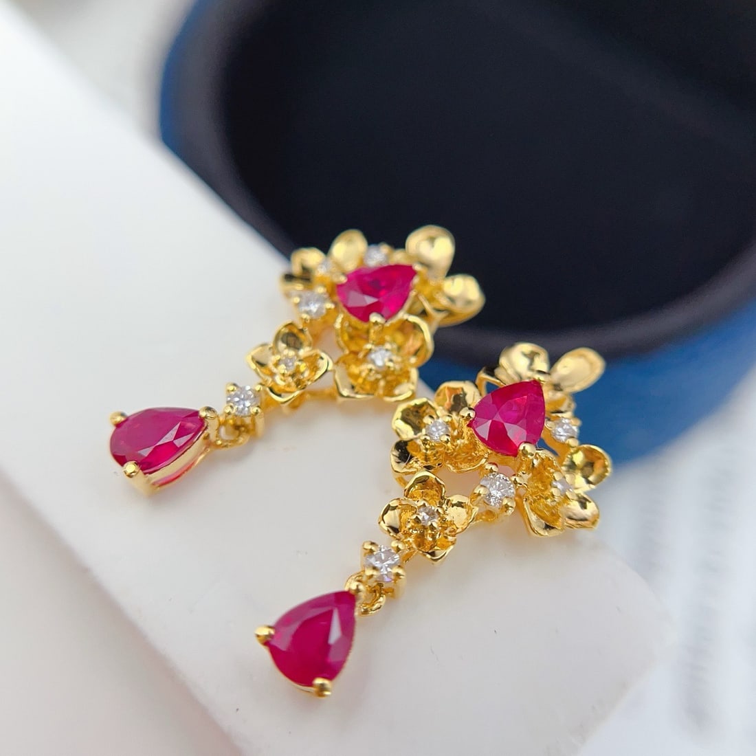 14k Gold 1.30 Ct Natural Ruby & Diamond Earrings - 2