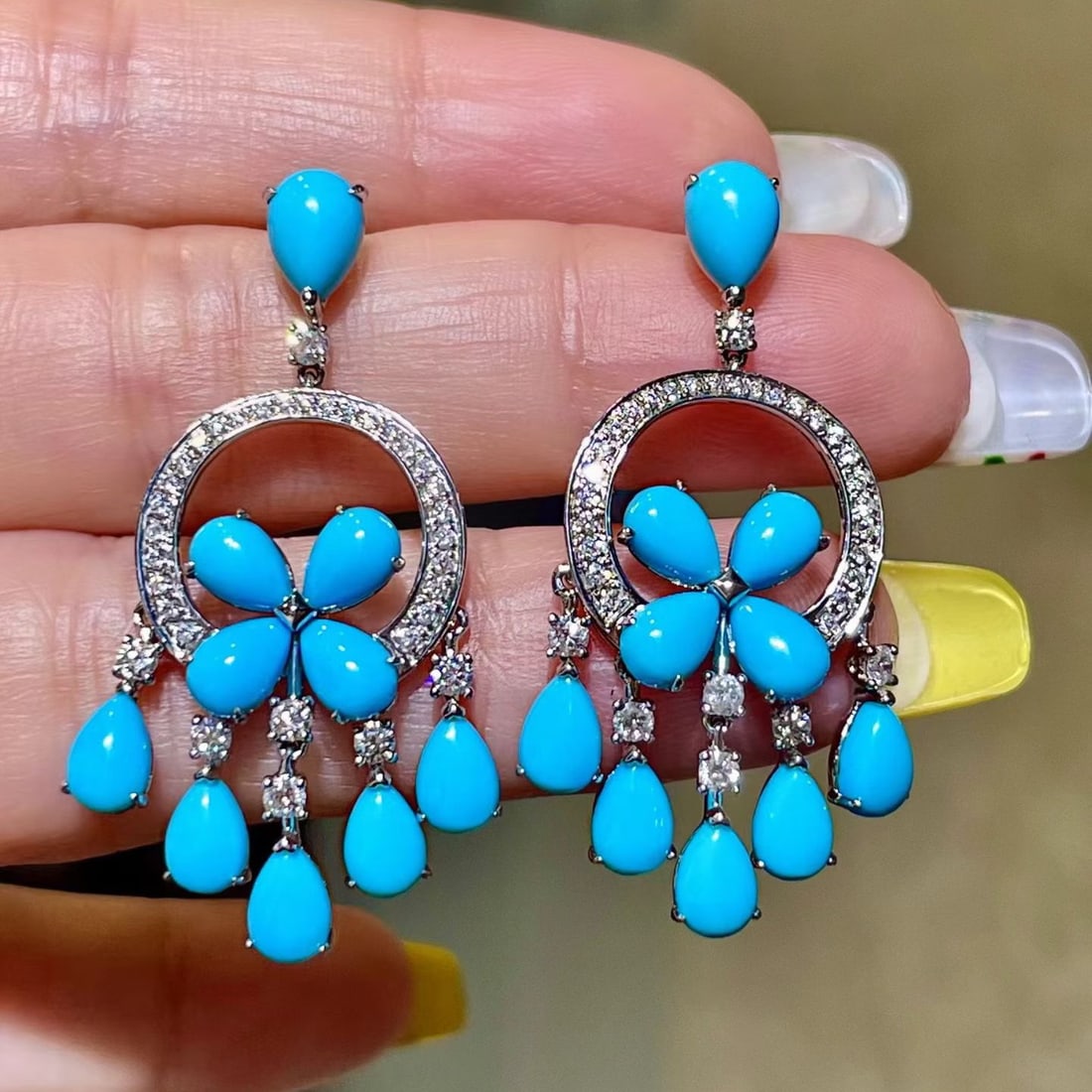 14k Gold 8.98 Ctw Natural Blue Turquoise & Diamond Earrings: Ref:231164138 // gold content:14k gold // main gemstone:blue turquoise // shape:pear // carat weight:8. 26ct // color:blue // treatment:natural // // adjacent gemstone 2 : diamond // shape:round // ca