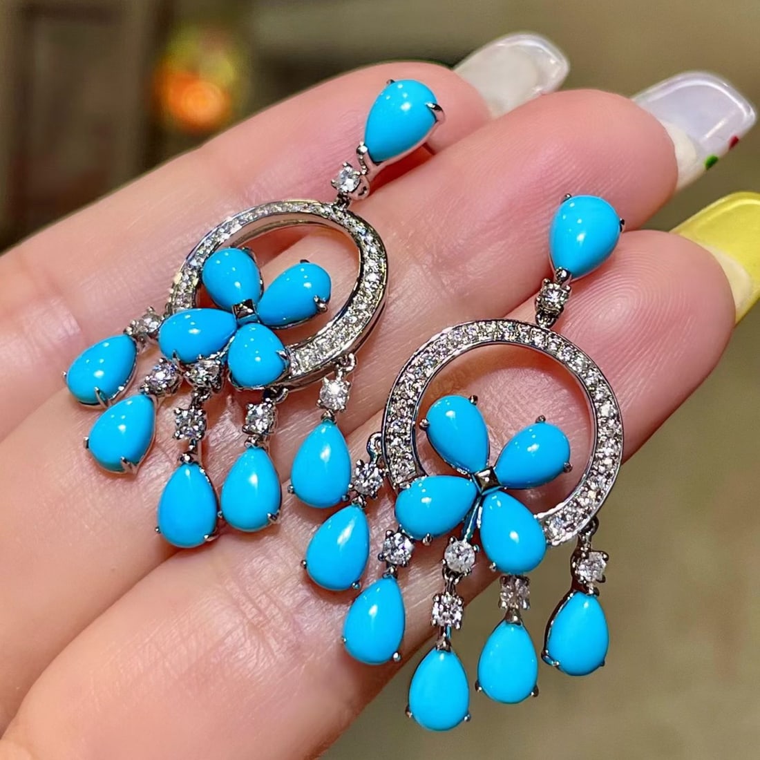 14k Gold 8.98 Ctw Natural Blue Turquoise & Diamond Earrings - 2