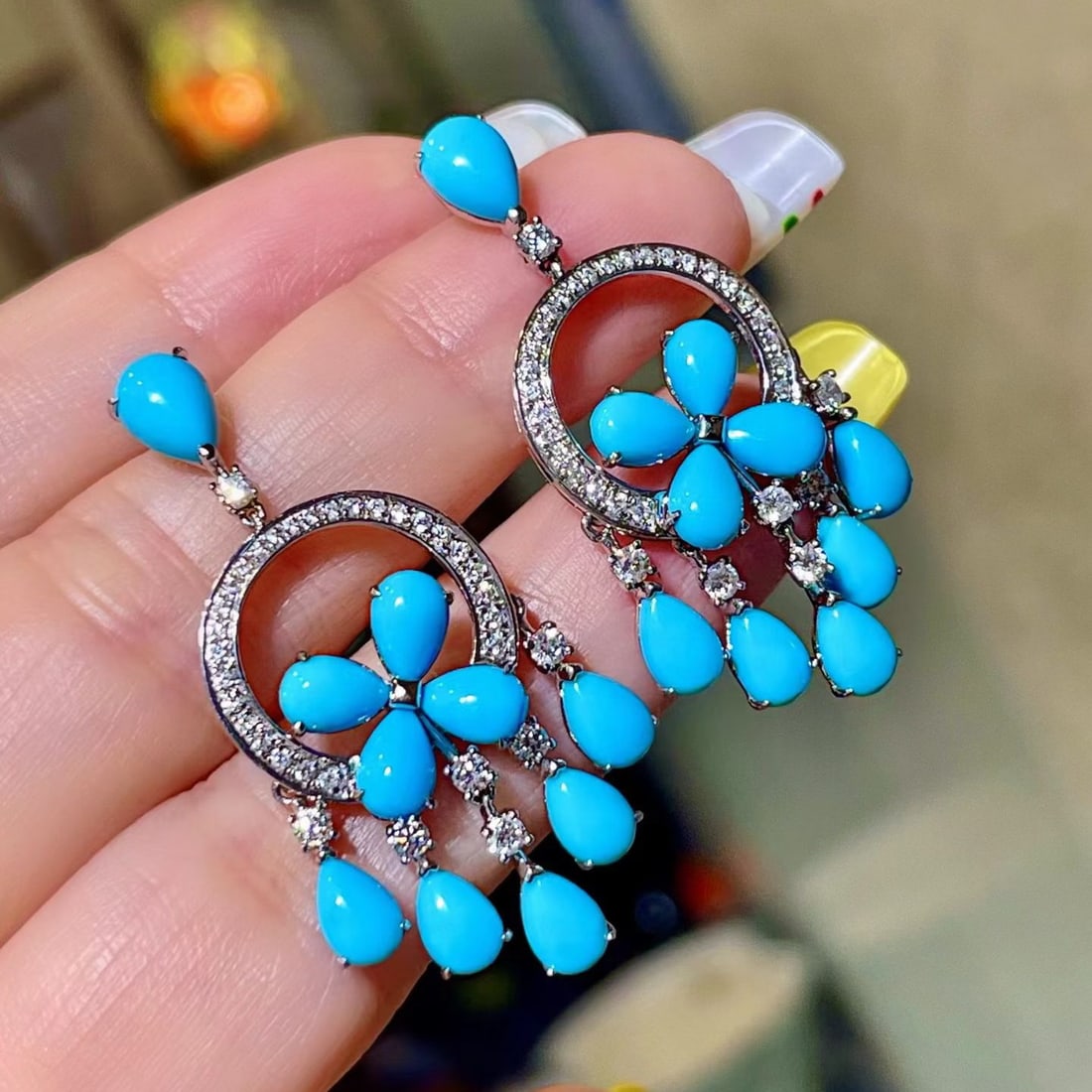 14k Gold 8.98 Ctw Natural Blue Turquoise & Diamond Earrings - 3