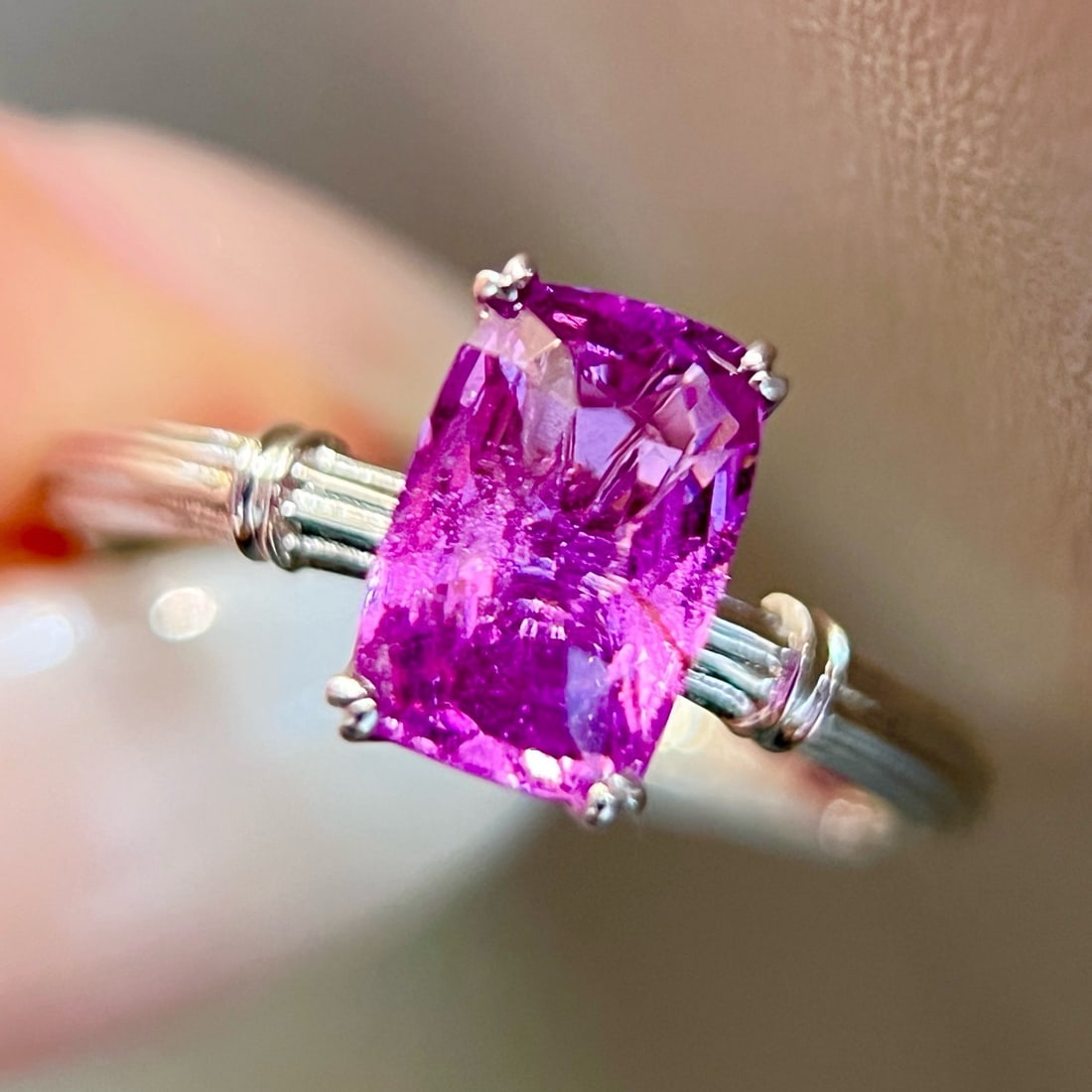 14k Gold 2.09 Ct Natural Sapphire Ring: Ref:231164140 // gold content:14k gold // ring size:7. 25us // // main gemstone:sapphire // shape:cushion // carat weight:2. 09ct // color:pink // treatment:natural // Low Estimate: 5500 Condition: Ne