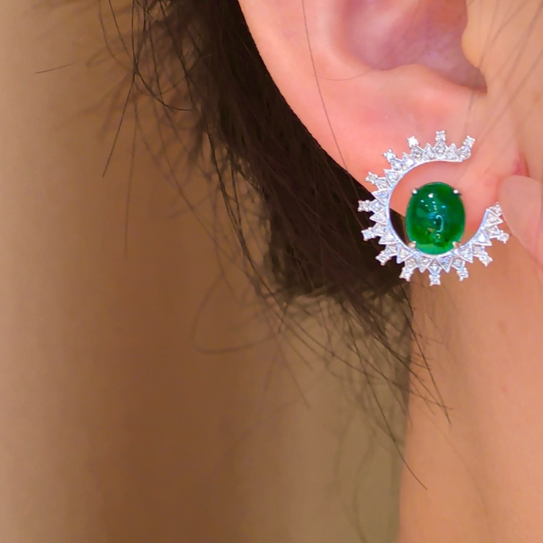 14k Gold 6.66 Ctw Vivid Green Natural Emerald & Diamond Earrings - 4