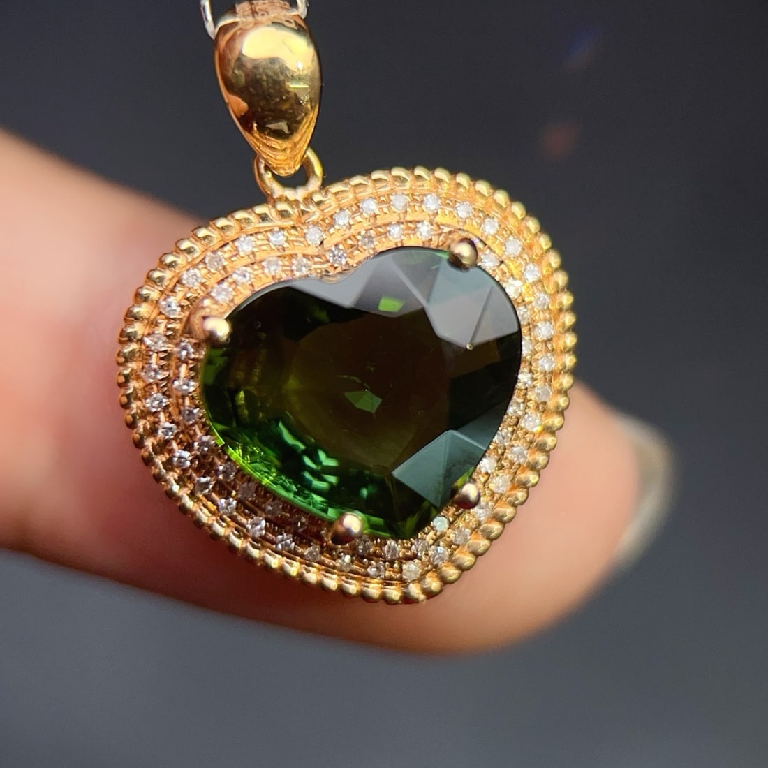 14k Gold 4.49 Ctw Natural Tourmaline & Diamond Pendant( Without Chain ): Ref:231164166 // gold content:14k gold // main gemstone:tourmaline // shape:heart // carat weight:4. 3ct // color:green // treatment:natural // // adjacent gemstone 2 : diamond // number of stones:65