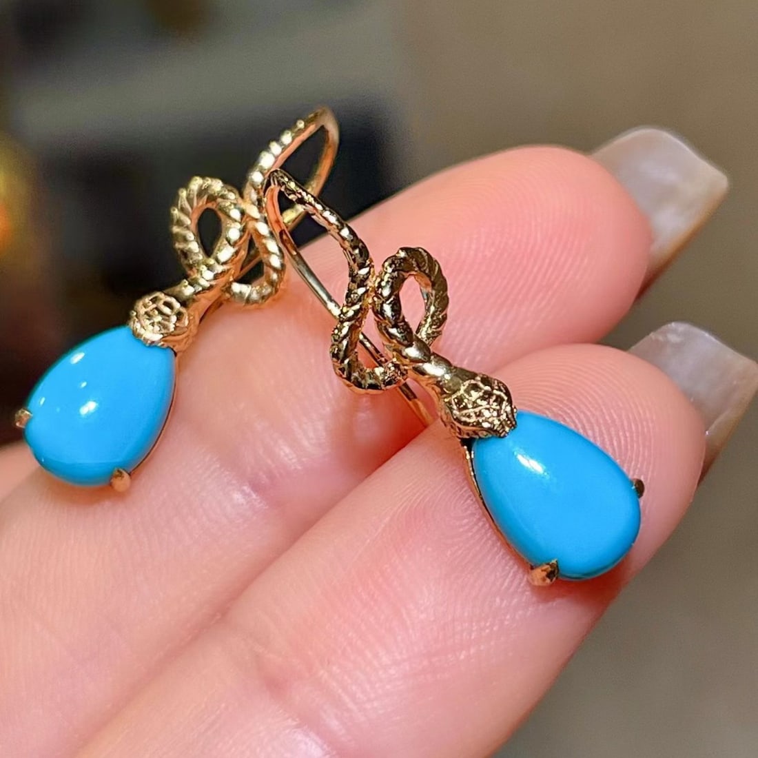 14k Gold 2.53 Ct Natural Blue Turquoise Earrings - 2