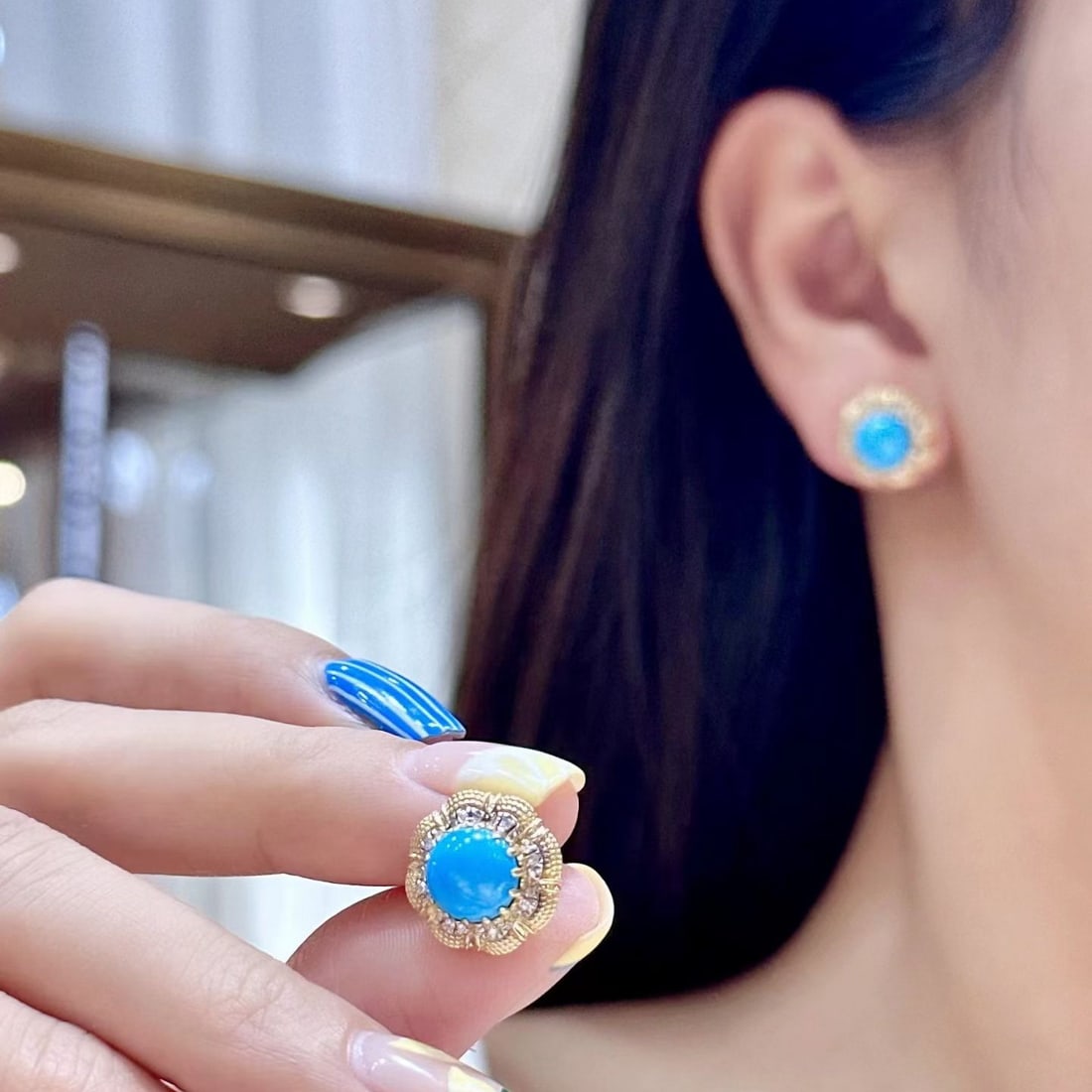 14k Gold 3.79 Ctw Natural Blue Turquoise & Diamond Earrings - 2