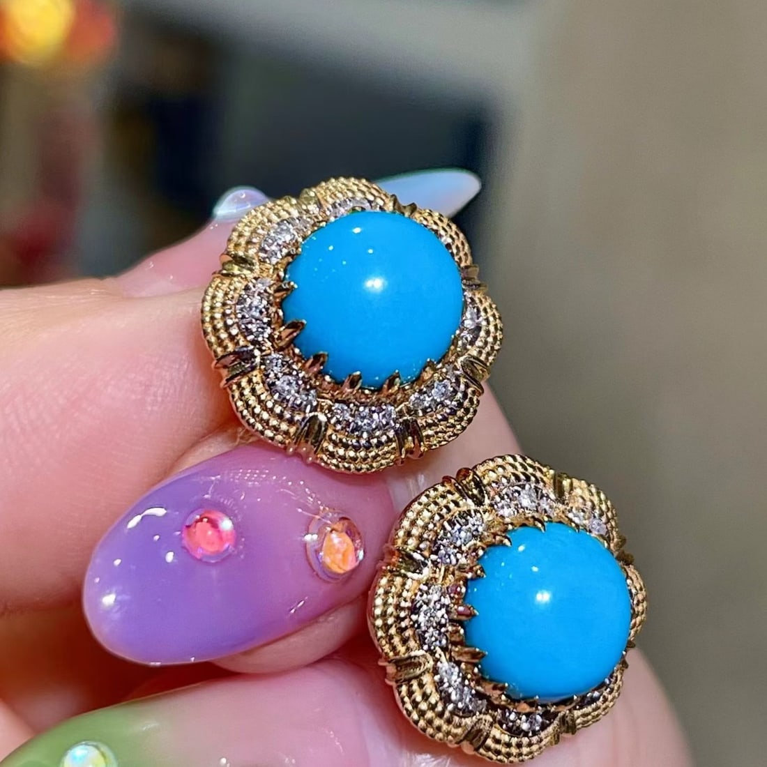 14k Gold 3.79 Ctw Natural Blue Turquoise & Diamond Earrings - 4