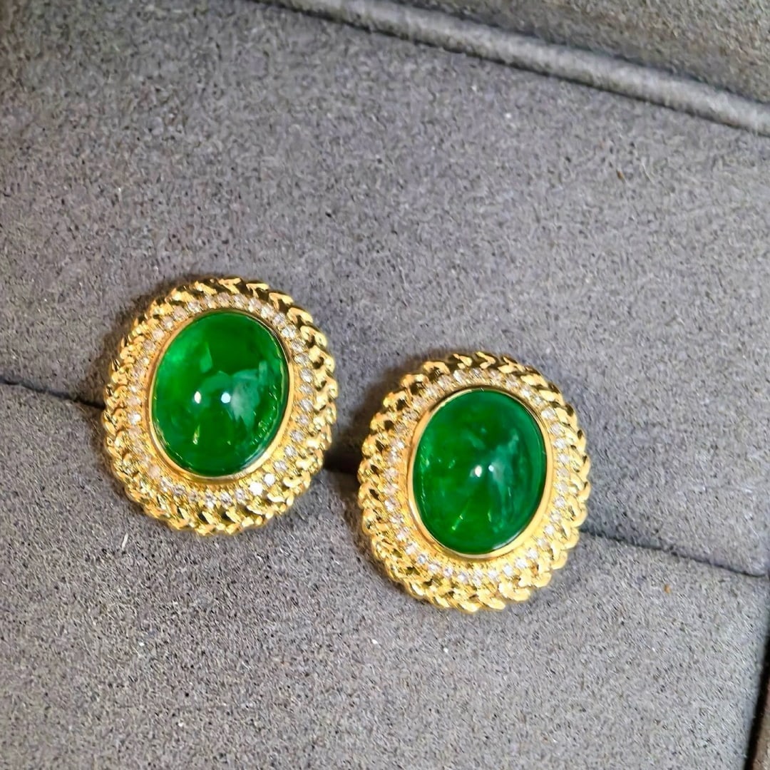 14k Gold 4.27 Ctw Vivid Green Natural Emerald & Diamond Earrings - 2