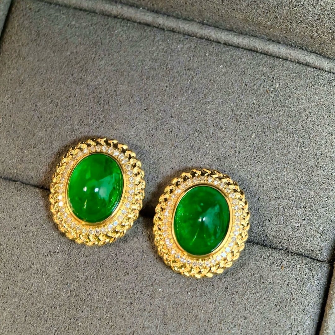 14k Gold 4.27 Ctw Vivid Green Natural Emerald & Diamond Earrings - 5