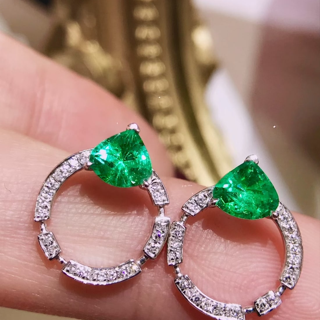 14k Gold 1 Ct Natural Emerald & Diamond Earrings - 2
