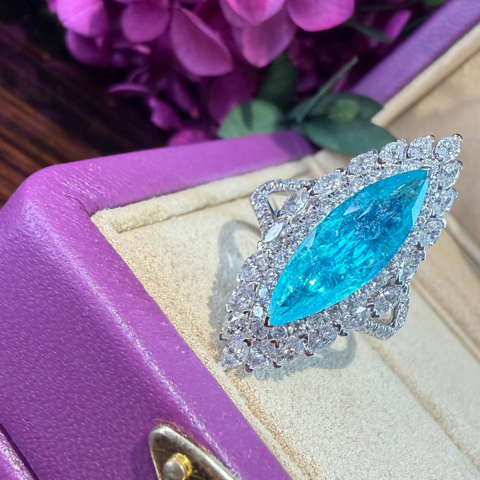 14k Gold 4.1 Ctw Natural Paraiba Tourmaline & Diamond Ring: Ref:231164215 // gold content:14k gold // ring size:7. 25us // // main gemstone:paraiba tourmaline // shape:marquise // carat weight:2. 6ct // color:blue // treatment:natural // // adjacent gemstone