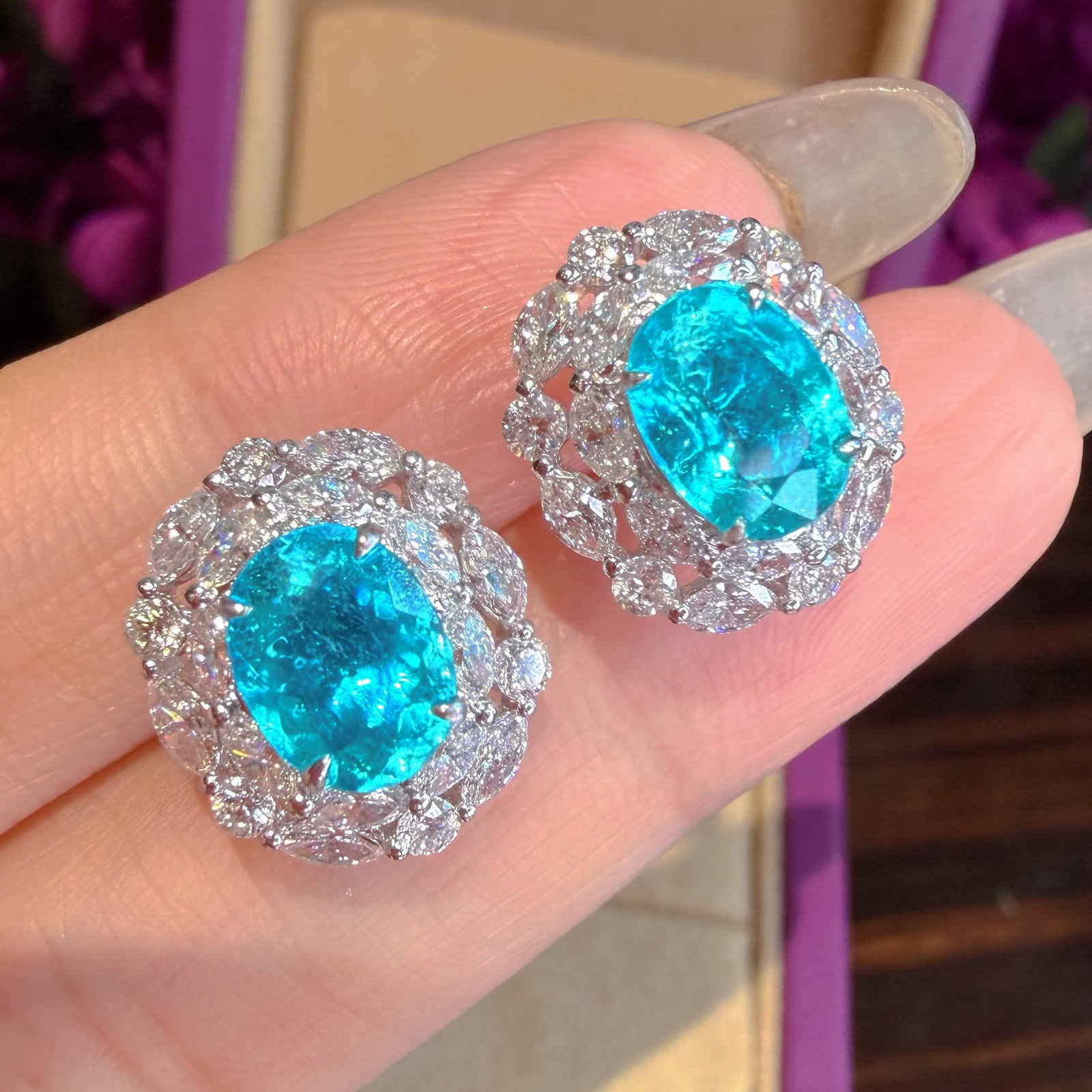 14k Gold 3.8 Ctw Natural Paraiba Tourmaline & Diamond Earrings: Ref:231164216 // gold content:14k gold // main gemstone:paraiba tourmaline // shape:oval // carat weight:2. 2ct // color:blue // treatment:natural // // adjacent gemstone 2 : diamond // shape:multiple