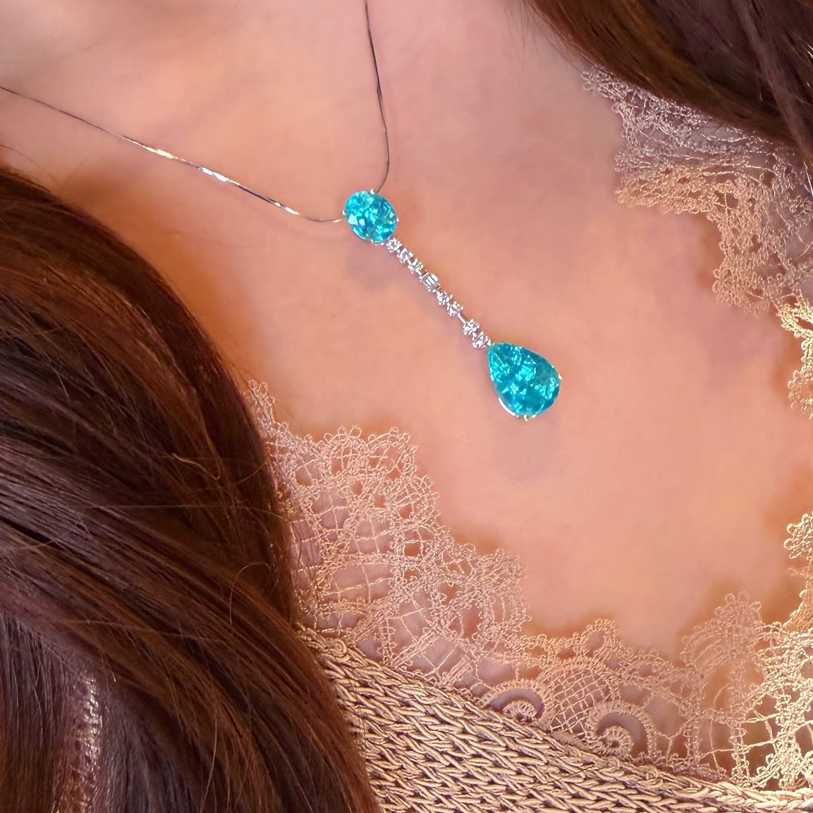 14k Gold 2 Ct Natural Paraiba Tourmaline & Diamond Pendant( Without Chain ) - 7