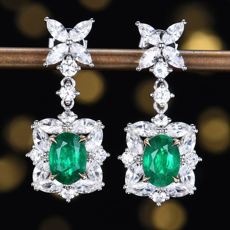 14k Gold 3.93 Ctw Vivid Green Natural Emerald & Sapphire Earrings: Ref:231164287 // gold content:14k gold // main gemstone:emerald // shape:oval // carat weight:1. 39ct // color:vivid green // treatment:natural // // adjacent gemstone 2 : sapphire // number of stones